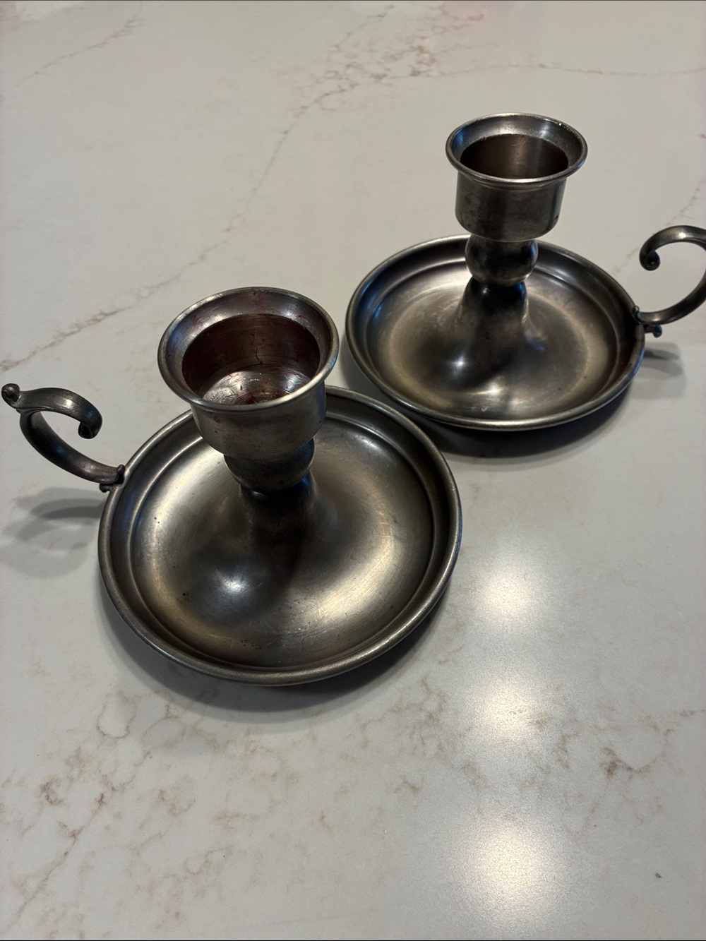 Set of large Vintage Early American Pewter Chamberstick Candle Holders by WEB